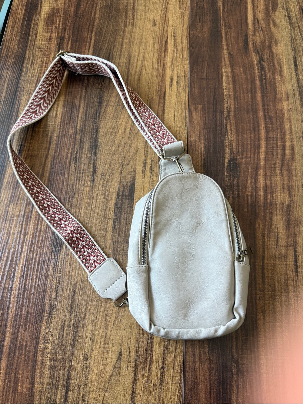 Neutral Cream Crossbody Sling Bag with Patterned Strap